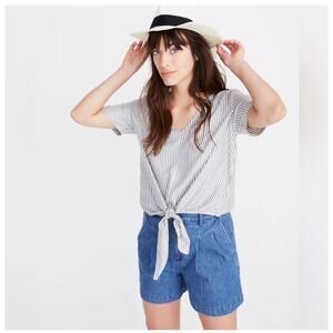 Madewell Novel Short Sleeve V-Neck Tie Front Blue/White Striped Shirt Small